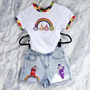 Dolls Kill x Teletubbies XXS Baby Tee AND High Waisted Embroidered Jean Shorts